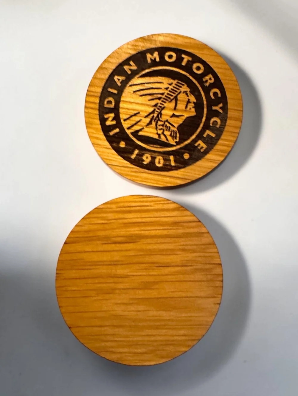 Indian Motorcycle 1901 Logo Wooden Coasters Set of 2 Engraved Wood Biker Decor